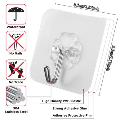 5/10/20pcs Adhesive Hooks for Hanging On Wall or Ceiling, Heavy Duty, Clear, Damage Free, Stick On Hangers for Kitchen Bathroom