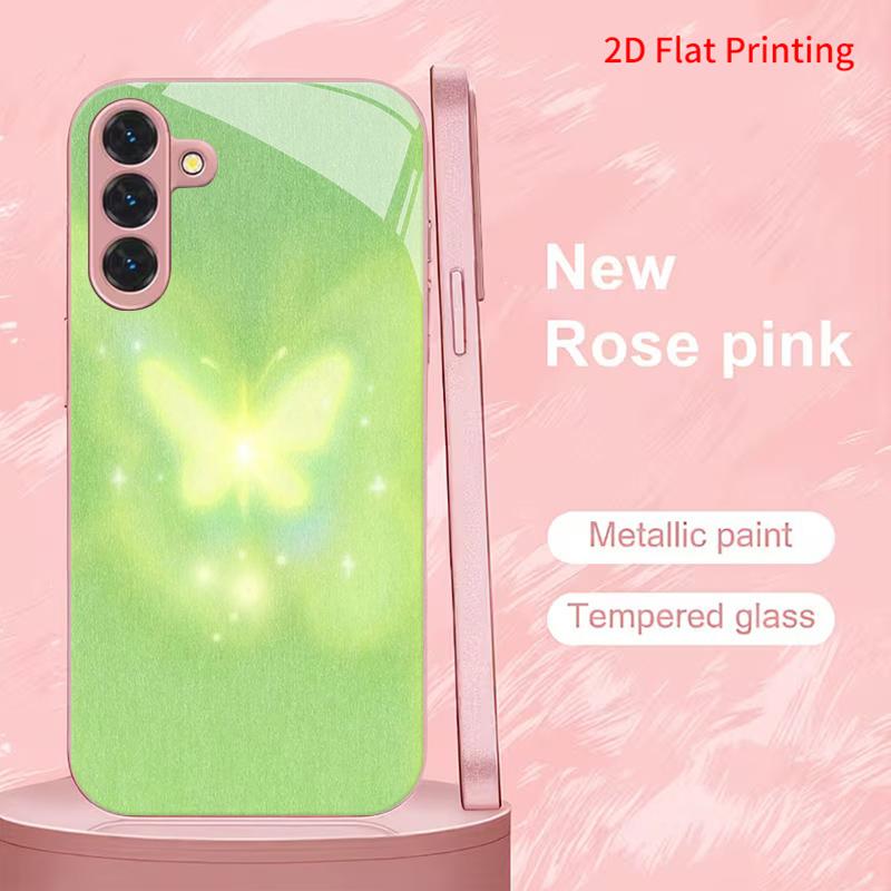 2DFlat Samsung electroplated tempered glass phone case,Glowing Butterfly in Soft GreenSuitable for Galaxy S26 S23 S24FE S25ULTRA S22 S21