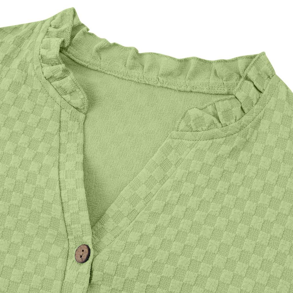 Spring Summer Fresh Casual Women'S Pullover Plaid V-Neck Button Lace Collar Decoration Slim Straight Tube Short Sleeved Top T-Shirt Blouse