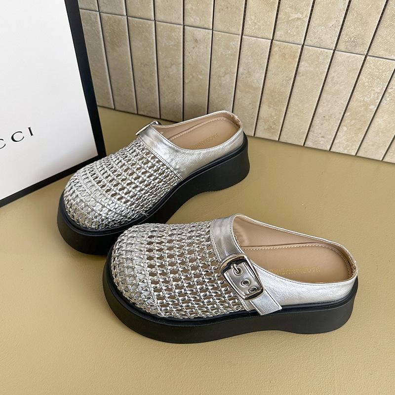 

Женские лоферы на платформе-маффине, рыболовная сетка, новинка весна-лето, взрыв, ретро, тканая сумка, с закрытым носком, полушлепанцы, маленькие сандалии 40 серебряный