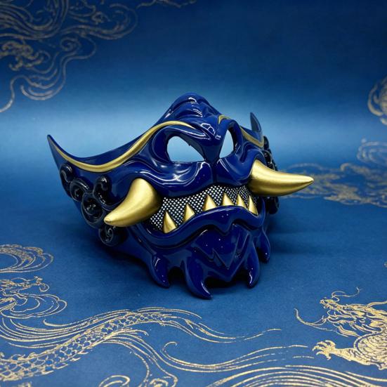 Halloween Cosplay Costume Mask Japanese Hannya Red Half Mask, Wolf Teeth & Embossed Cloud Details, Breathable Lightweight Distressed Design