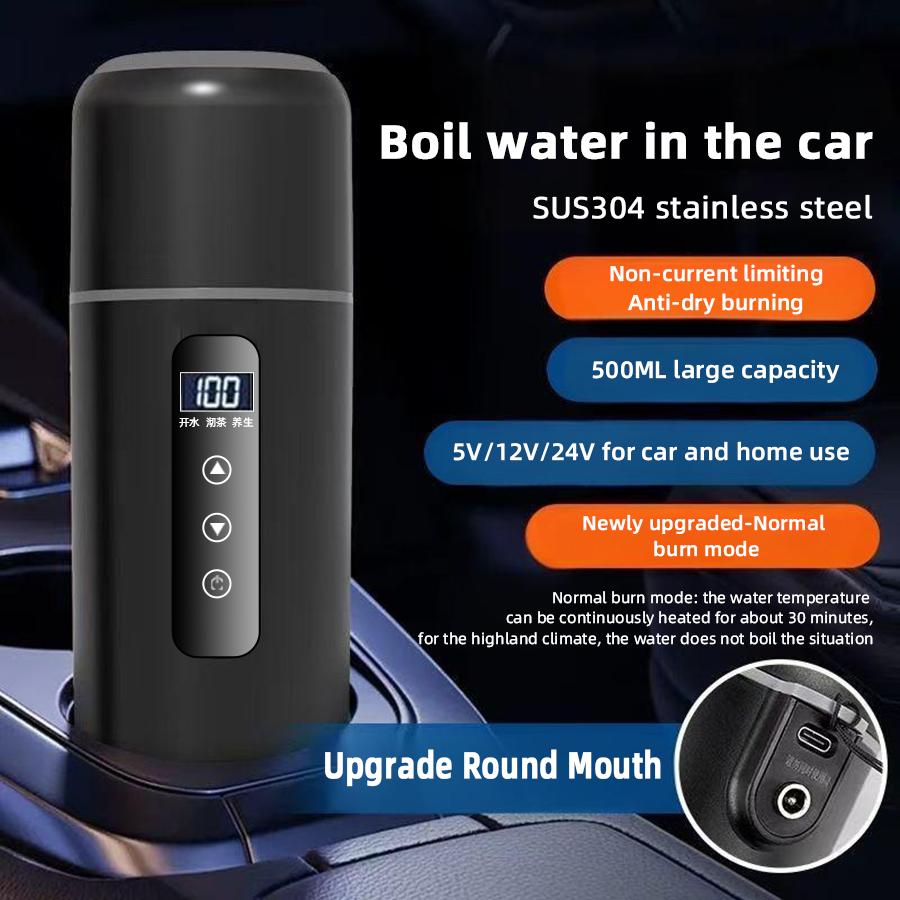 12V/24V Car Heating Cup 500ml Electric Kettle with Temperature Display Three Modes Stainless Steel Travel Heating Thermal Mug