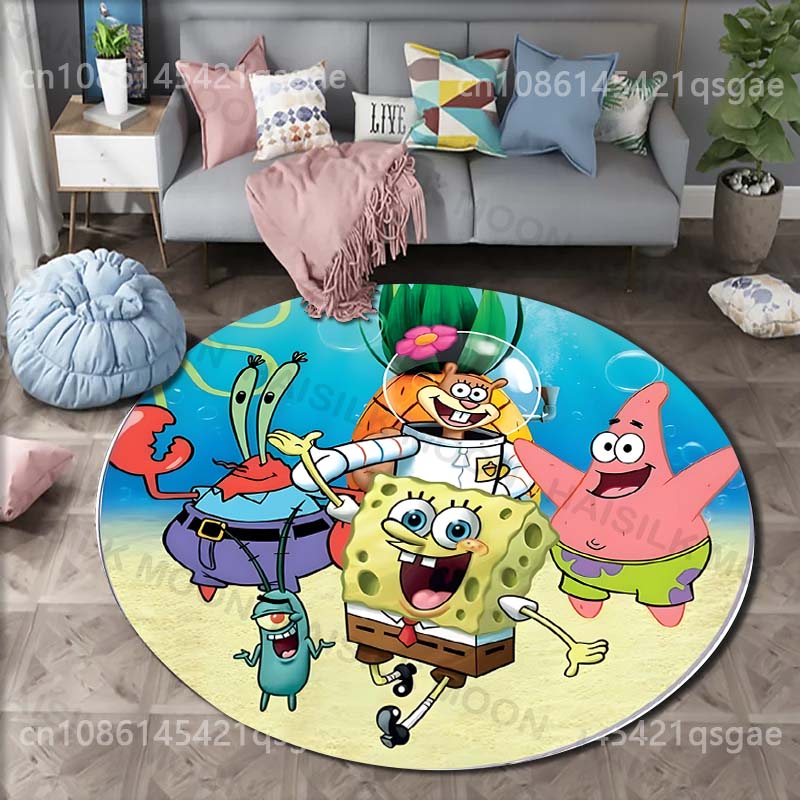 Cartoon SpongeBob Schwammkopf Druck Runder Teppich für Wohnzimmer Schlafzimmer Tisch und Stuhl Sofa Heimdekoration Bereichsteppich Luxuriöses Geschenk