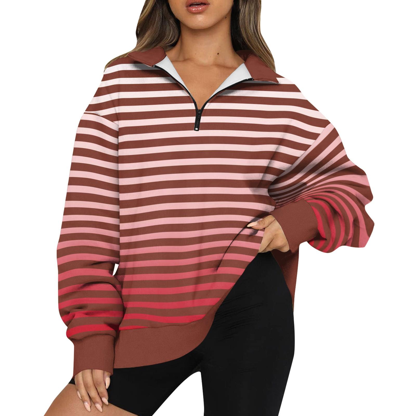 

Женская толстовка, модная, с длинными рукавами, в полоску, с принтом, с застежкой-молнией на половину длины XL киноварь