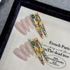 100% HANDMADE  Long Almond Shape GPalace Style Luxury High-End Fake Nail Set With Glue & Box Ruby And Emerald Gold Press On Nails