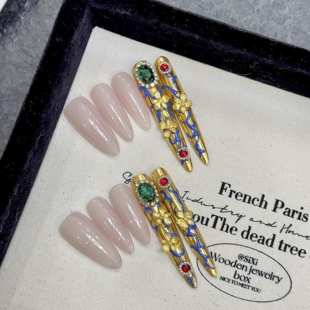 100% HANDMADE  Long Almond Shape GPalace Style Luxury High-End Fake Nail Set With Glue & Box Ruby And Emerald Gold Press On Nails