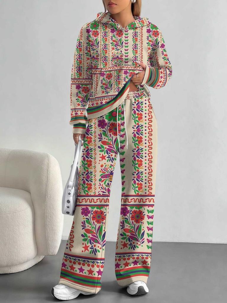 European and American Autumn/Winter 1116 Casual Vintage Floral Long-Sleeve Set, Women's Hoodie Sweatshirt and Long Pants Two-Piece Set
