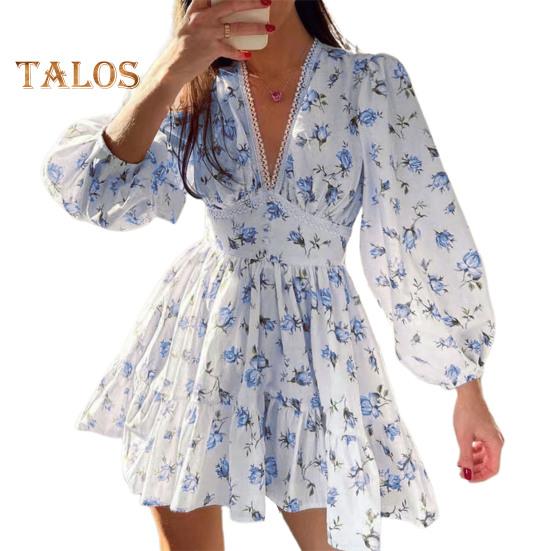 Frühling Sommer Damen Kleid A-Linie Spitze Big Swing Lange Laternenärmel Blumendruck Enganliegend Hohe Taille Tiefer V-Ausschnitt Plissee Patchwork Saum Urlaub Party