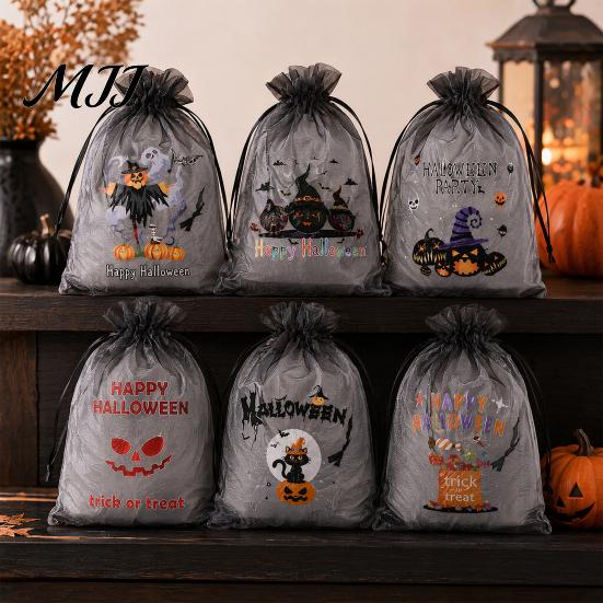 Trick or Treat Bag 12 Pcs Halloween Organza Candy Bag, Drawstring Pouch with Pumpkin Ghost Bat Print, Sheer Favor for Party Snacks, Gift Packaging
