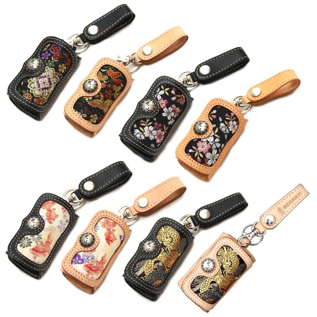 DEGNER Hanayama Key Case 4 Hooks Brocade Fabric Kyoto Cowhide/Gold Sakura/Tan K-6K