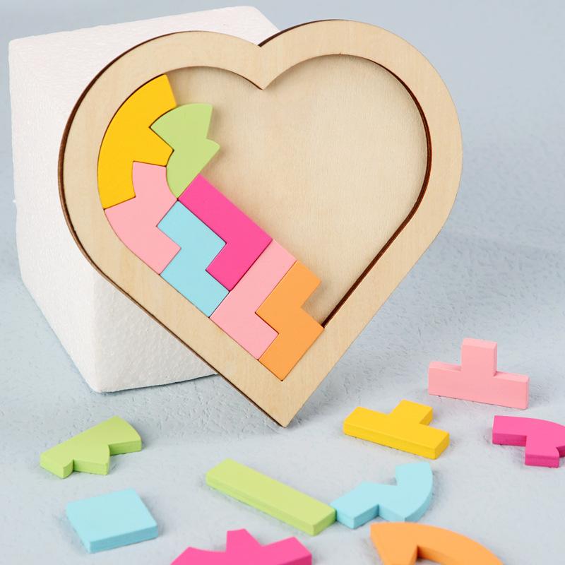 Dětská dřevěná 3D logická hra Barevná Jigsaw Tangram Matematické hračky Tvar srdce Dětské Montessori vzdělávací hračky