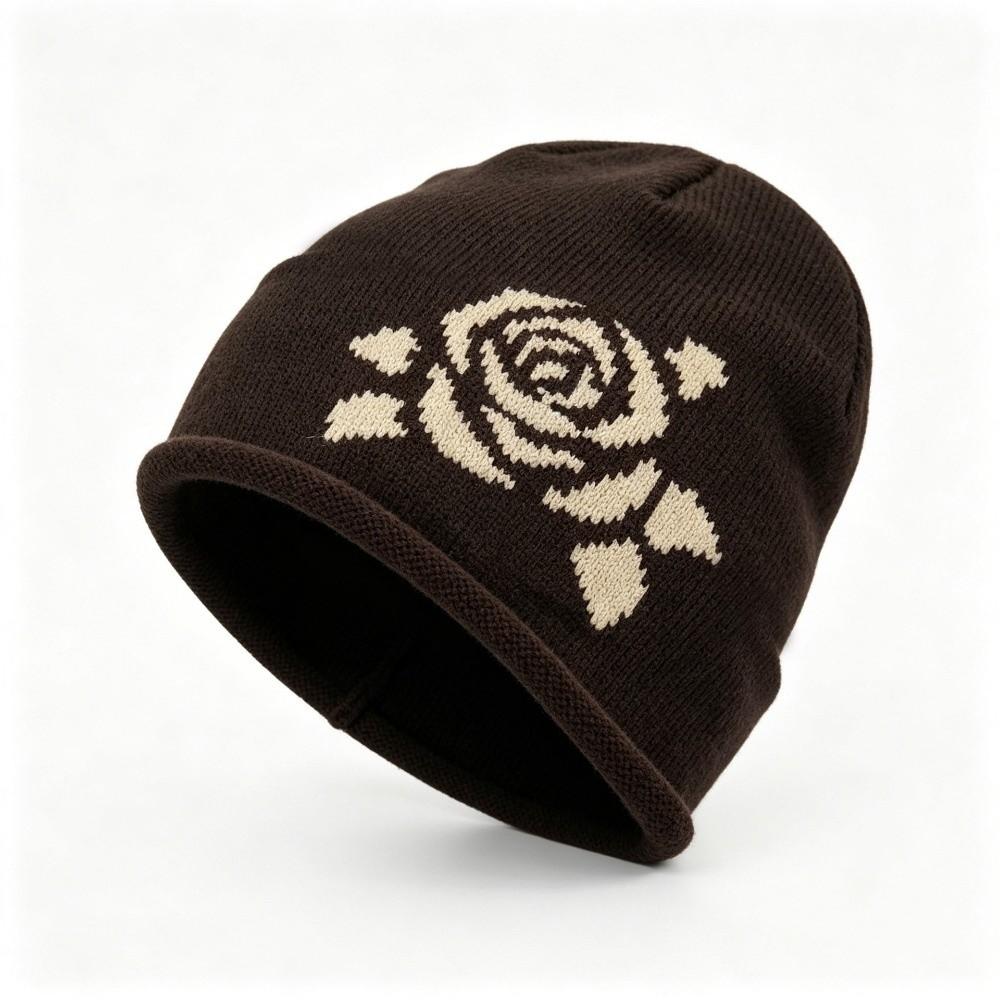Ear Protection Warm Knitted Hat Soft Knit Rose Jacquard Beanie Winter Hat Daily Wear