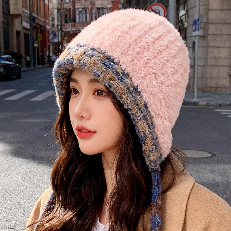 New Women'S Beige Gradient Color Knit Fur Hat Winter Warm Fashion Earflap Beanie With Lace-Up String For Ladies Sweet Casual