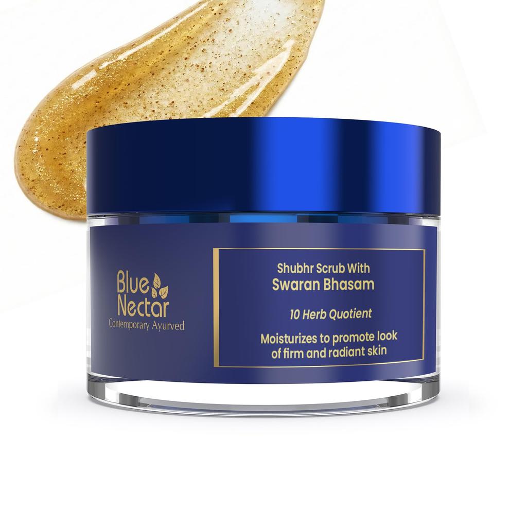 Blue Nectar Gold Face Scrub for Glowing Skin | Naturally Exfoliating Scrub for Men & Women with Walnut & Kumkumadi | Ayurvedic Tan Removal (12 Herb