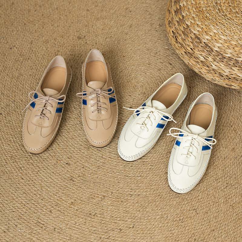 Krazing Pot Cow Skin Round Toe Size 43 Flat with Fashion Lace Up Leisure Handmade Comfortable Light Autumn Sneakers