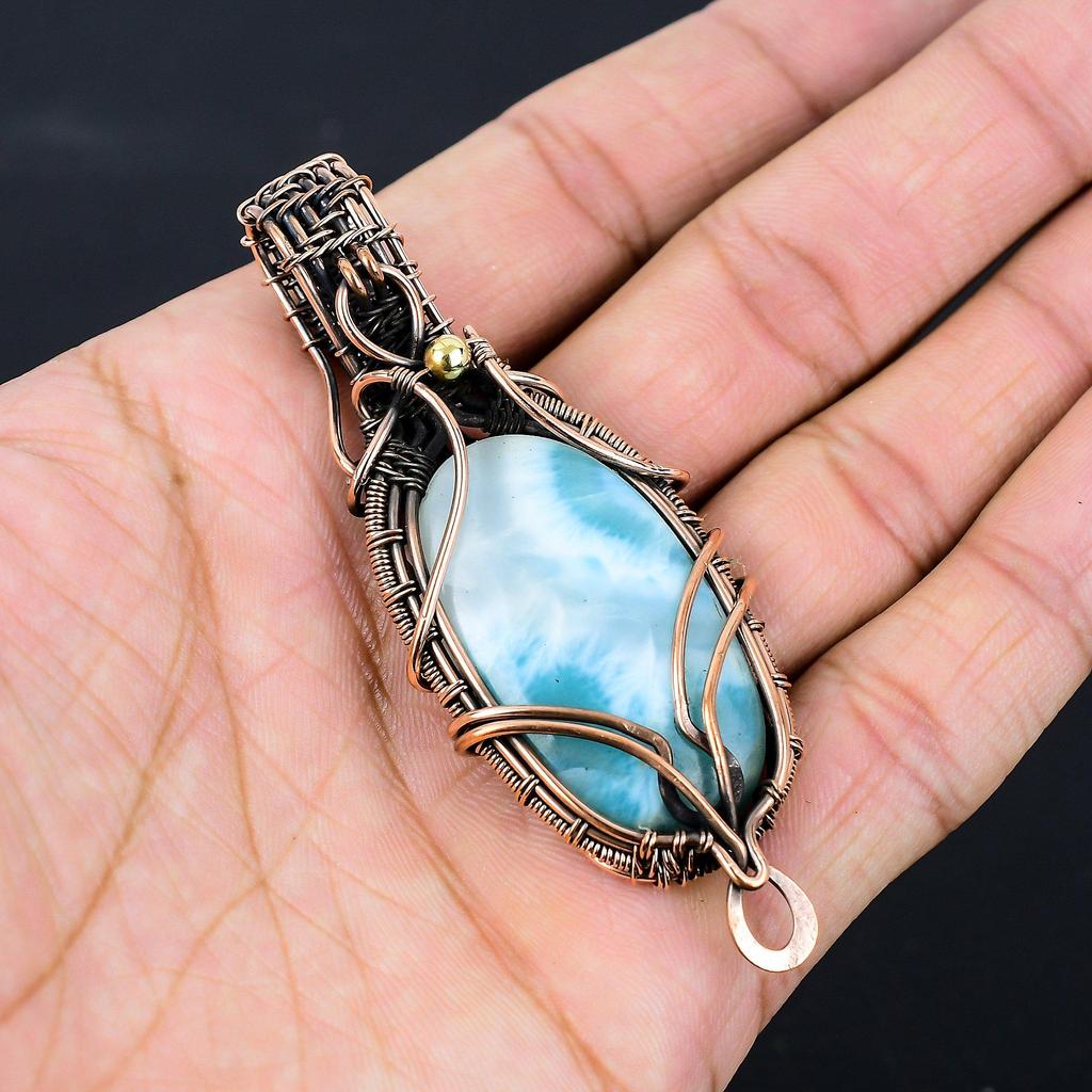 Larimar-Edelstein, reiner Kupferdraht, umwickelt, handgefertigter Anhänger-Schmuck für Frauen