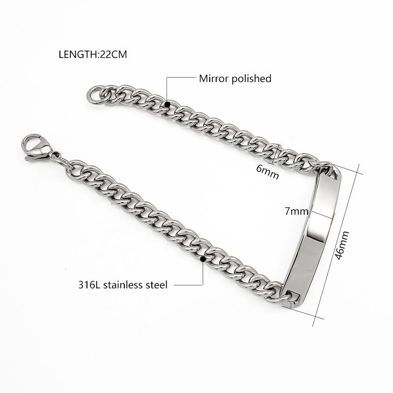 PVD Stainless Steel Custom Name Engraved Couple Silver Bracelet & Cuban Link Chain Personalized ID Bar Bracelet for Men & Women