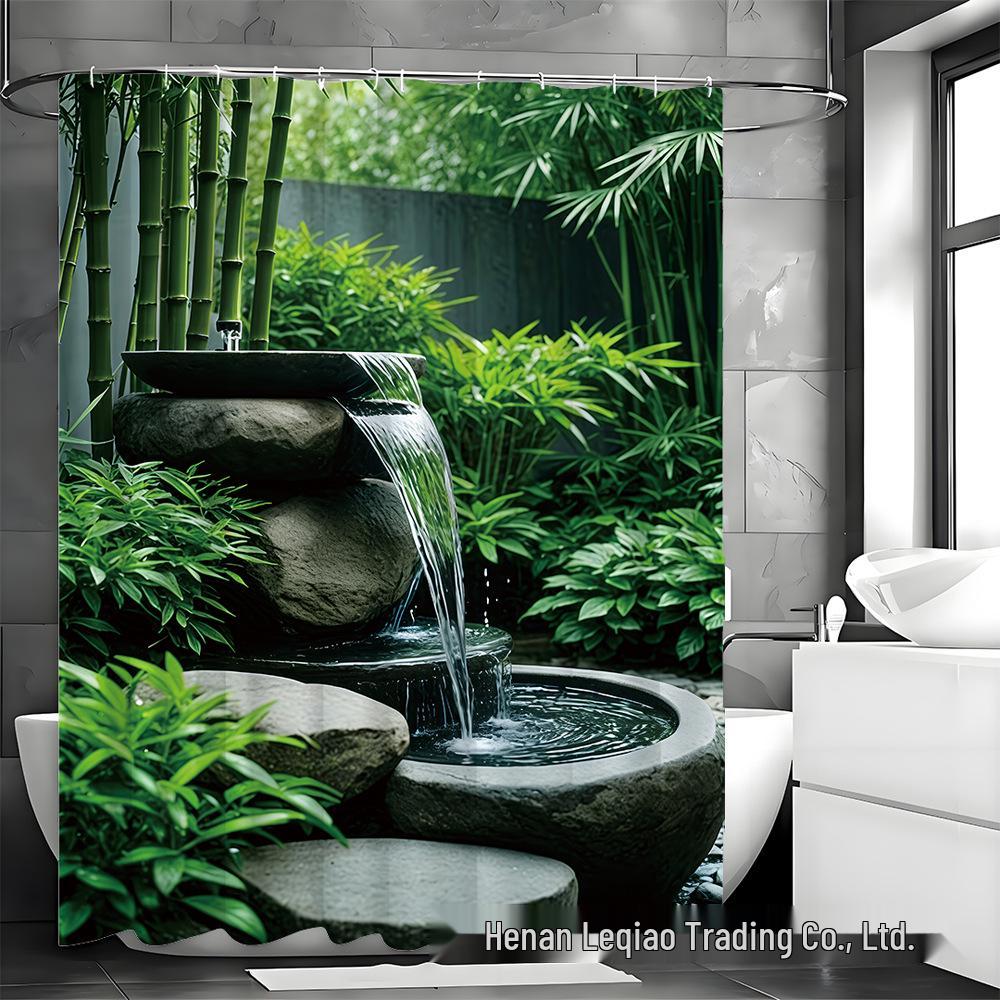 Green Fountain Landscape Shower Curtain Set with Bath Mat, Toilet Lid Mat & 12 Hooks