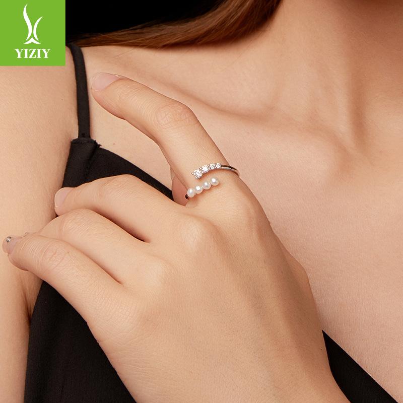 Simple Pearl Mozzarella Diamond Open Ring Ladies Celebrity S925 Sterling Silver Ring Ring