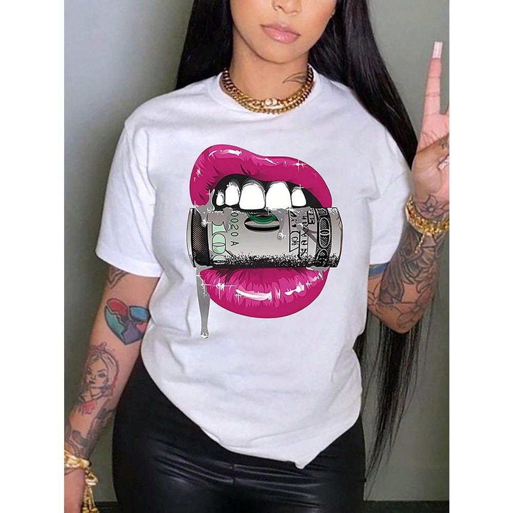 

Spring Summer Casual Women s T-Shirt with Sexy Lip Prints Women s T-Shirt with Sexy Lip Prints S