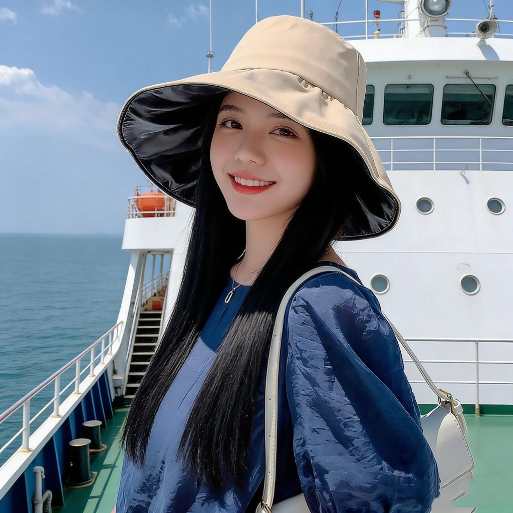 Summer sun protection hat women's versatile double-sided with large brim bucket hat outdoor UV protection travel visor
