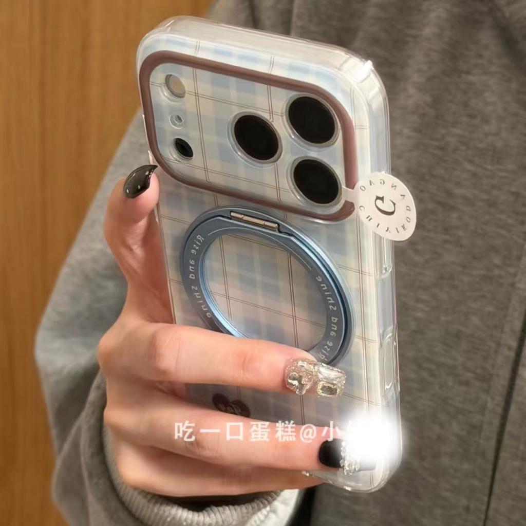 Pink and blue striped plaid love rotating bracket apple 17promax mobile phone case iphone1615ins