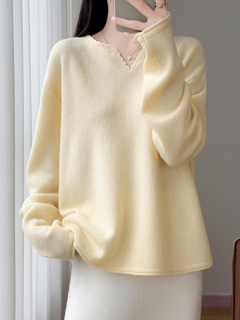 Women's Plus Size Wool Lace V-Neck Base Layer Sweater - Loose Fit for Autumn/Winter