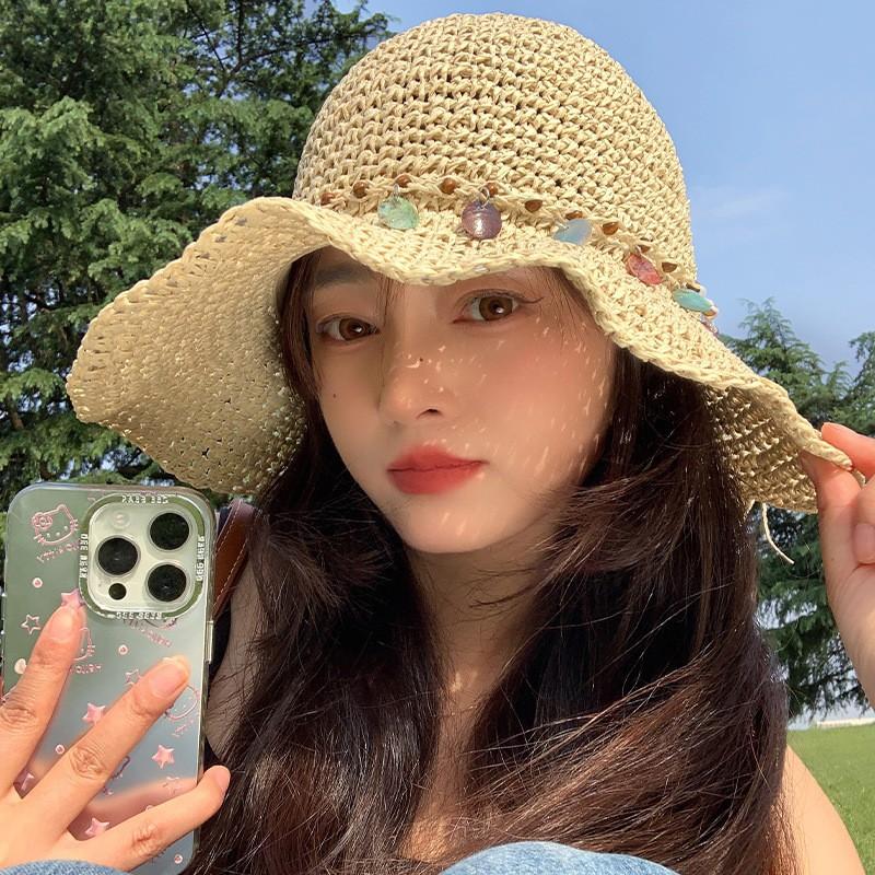 Sweet bow embroidered straw hat women's seaside vacation fisherman's hat children's summer hollow breathable straw visor