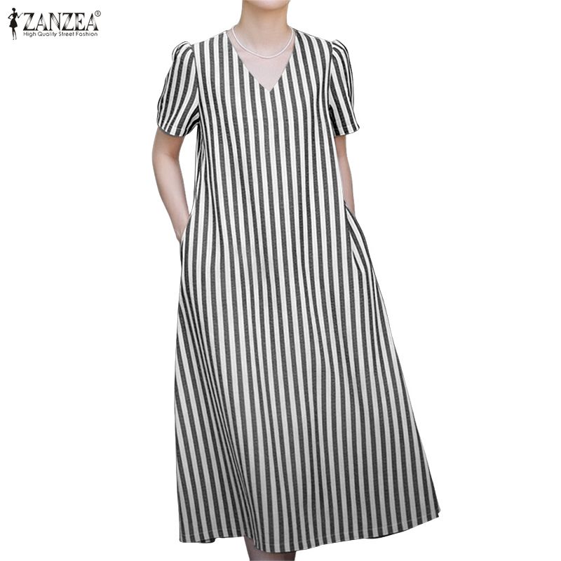 ZANZEA Γυναικείο Καθημερινό Casual Φόρεμα με V-λαιμόκοψη, Κοντό Μανίκι και Ριγέ