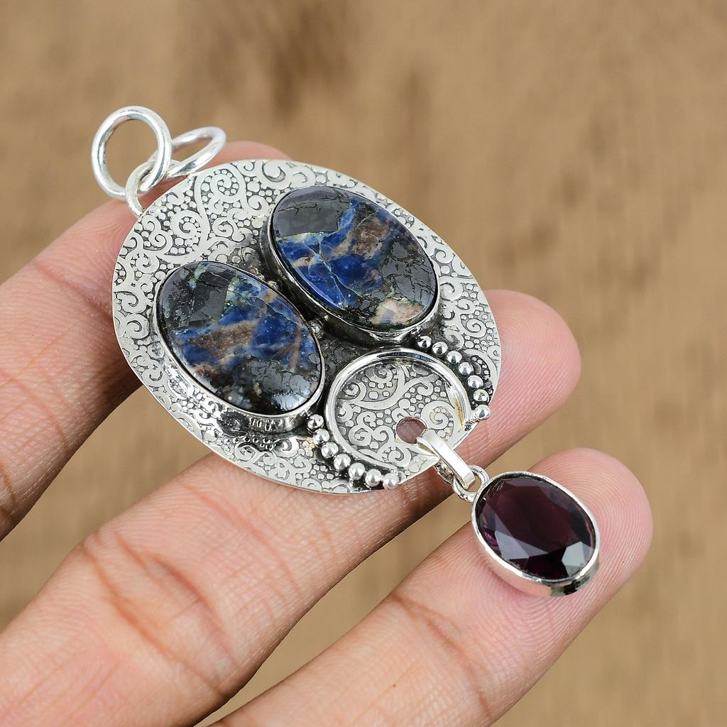 Natural Sodalite Gemstone Pendant Blue 925 Sterling Silver Indian Jewelry