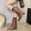 Cowhide Version~ Retro Pointed Riveted Trouser Tube Boots Versatile Western Cowboy Boots Thick Heel Side Zipper Boots Women