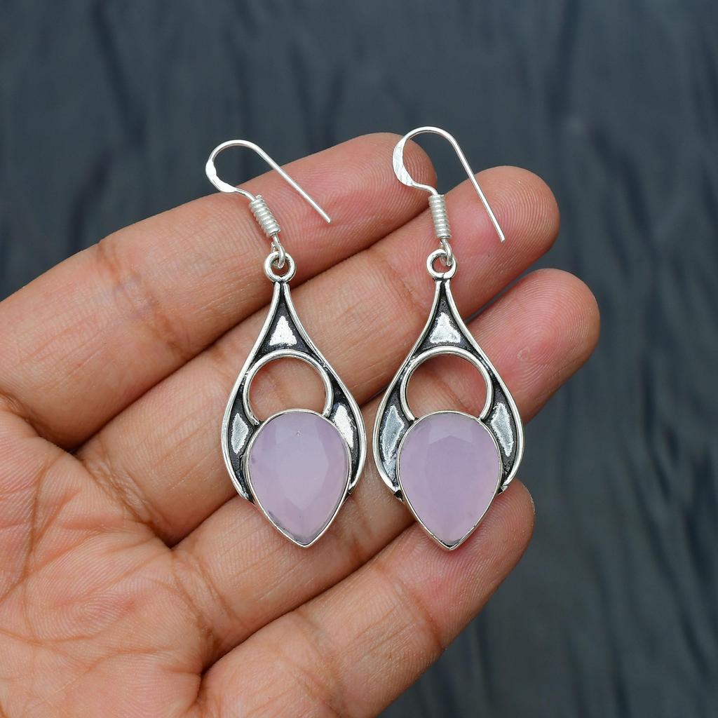 Rose Chalcedony Gemstone Handmade 925 Sterling Silver Jewelry Earring