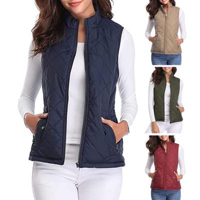 Women Coat Stand Collar Sleeveless Padded Zip-up Solid Color Heat Retention Waistcoat Cardigan Vest Coat for Daily Work Commuting