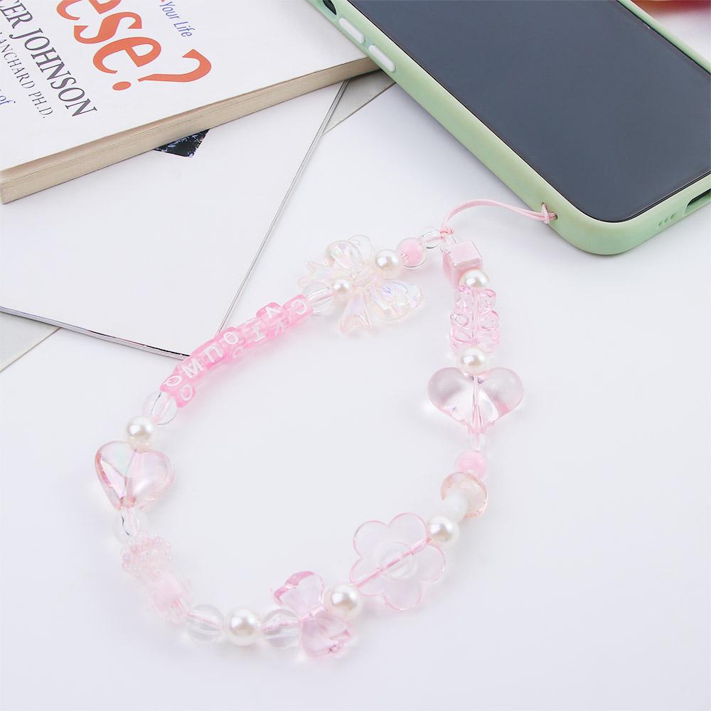 Chain Pendant Pink Acrylic Beaded Wrist Hand Lanyard Mobile Phone Straps Hand Strap Phone Charm