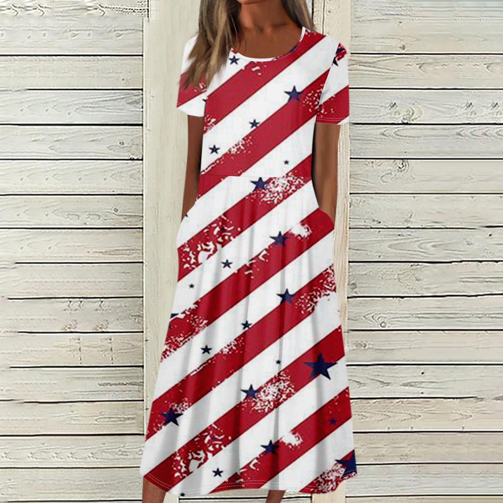 

Женское летнее повседневное модное платье с коротким рукавом и карманом на День независимости с коротким рукавом L красный