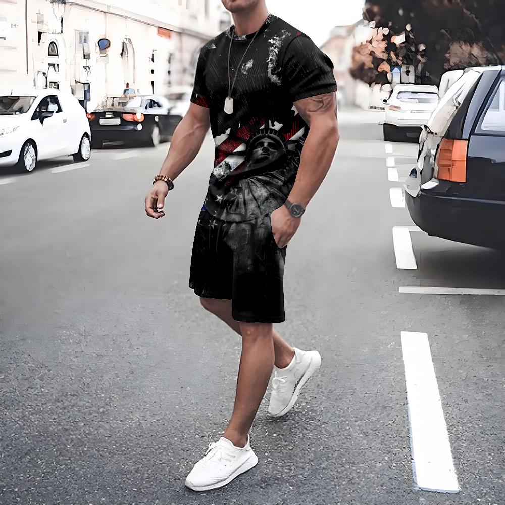 American Flag Print Short Sleeve Tee Shorts Set Casual Men's T-shirt Shorts 2-piece Set Quick Drying Breathable Mesh T Shirt
