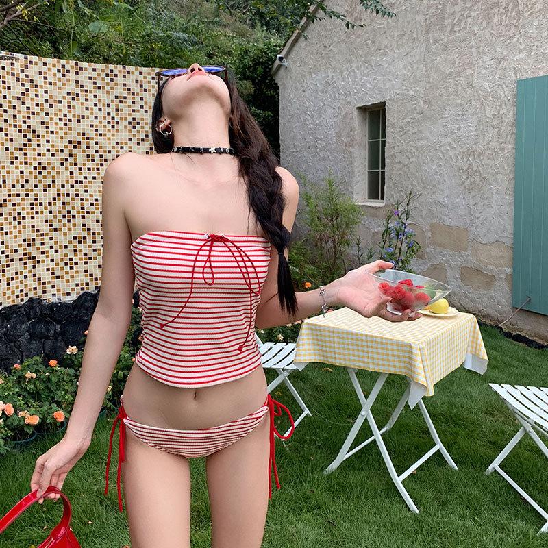 Japanese striped swimsuit women's small fresh triangular split tube top sexy girl retro student vacation hot spring swimsuit