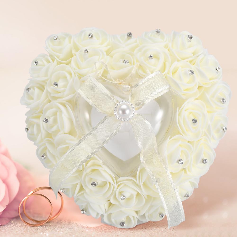 Boîte de Mariage Romantique en Forme de Cœur Décorée de Strass Coussin(blanc)