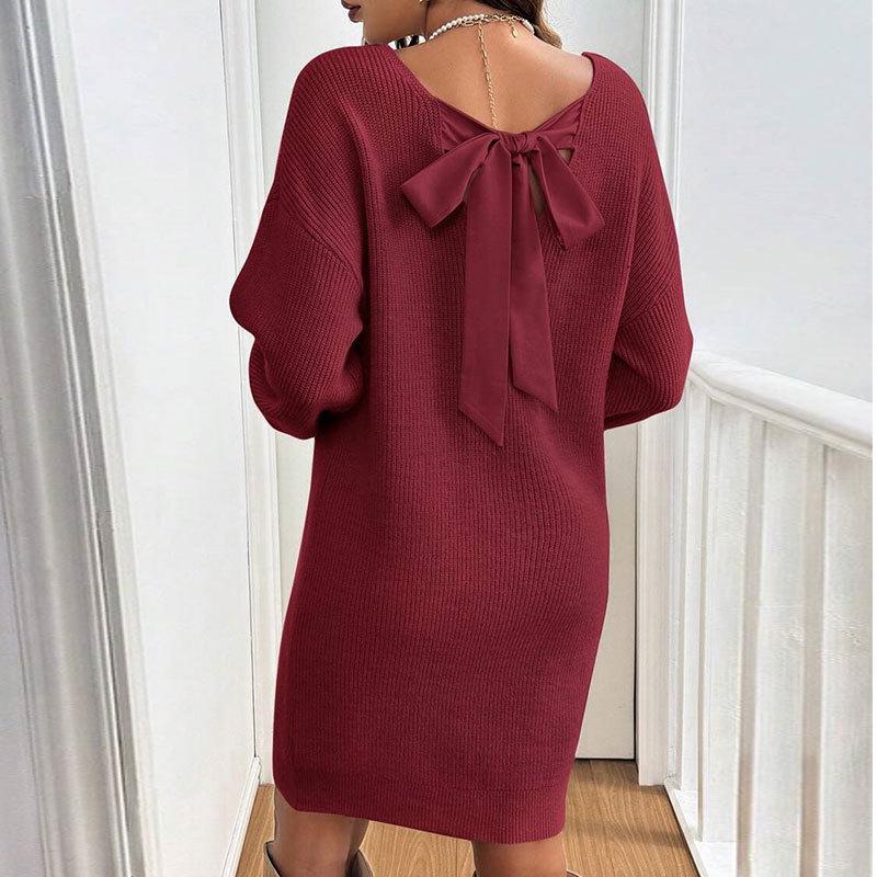 Autumn Women's V-Neck Bowknot Sweater Dress - Loose Knit Pullover