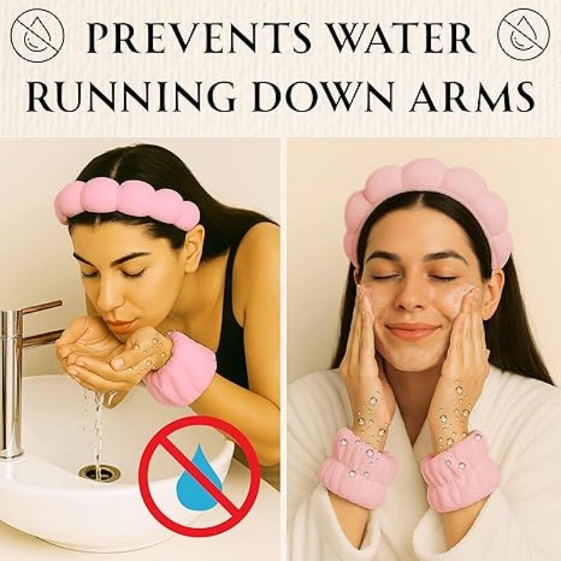 Fluffy Face Washing Headband, Women's Skin Care Face Washing Headband, Terry Cloth Headband and Wristband (Pink)