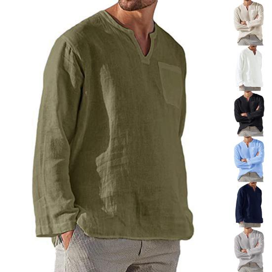 Spring Autumn Men Shirt Solid Color Loose Pocket Top Beach Shirt for Daily Wear