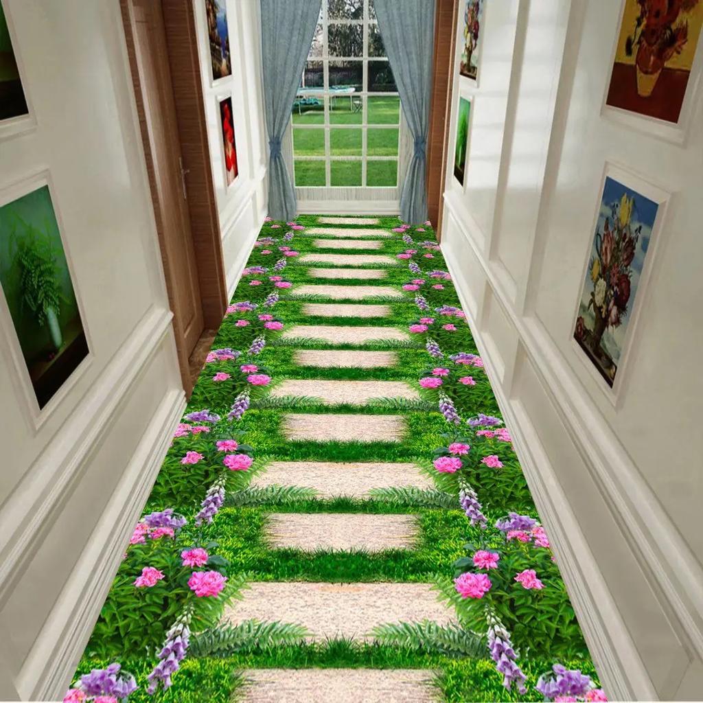 Tapete Longo 3D Corredor Caminho de Jardim Verde Decoração Sala de Estar Corredor Doméstico Tapetes de Chão Antiderrapantes Moderno Luxo Decoração de Entrada Tapete
