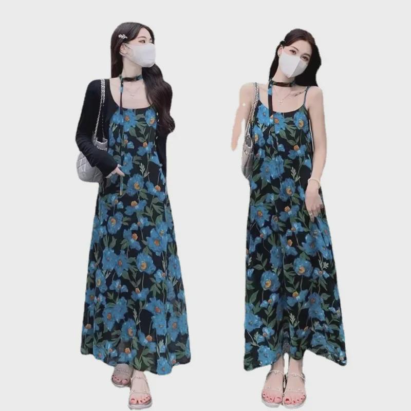 2024 Plus Size Women's Floral Summer Beach Suspender Dress - Slimming, Belly-Covering, Long Holiday Seaside Style