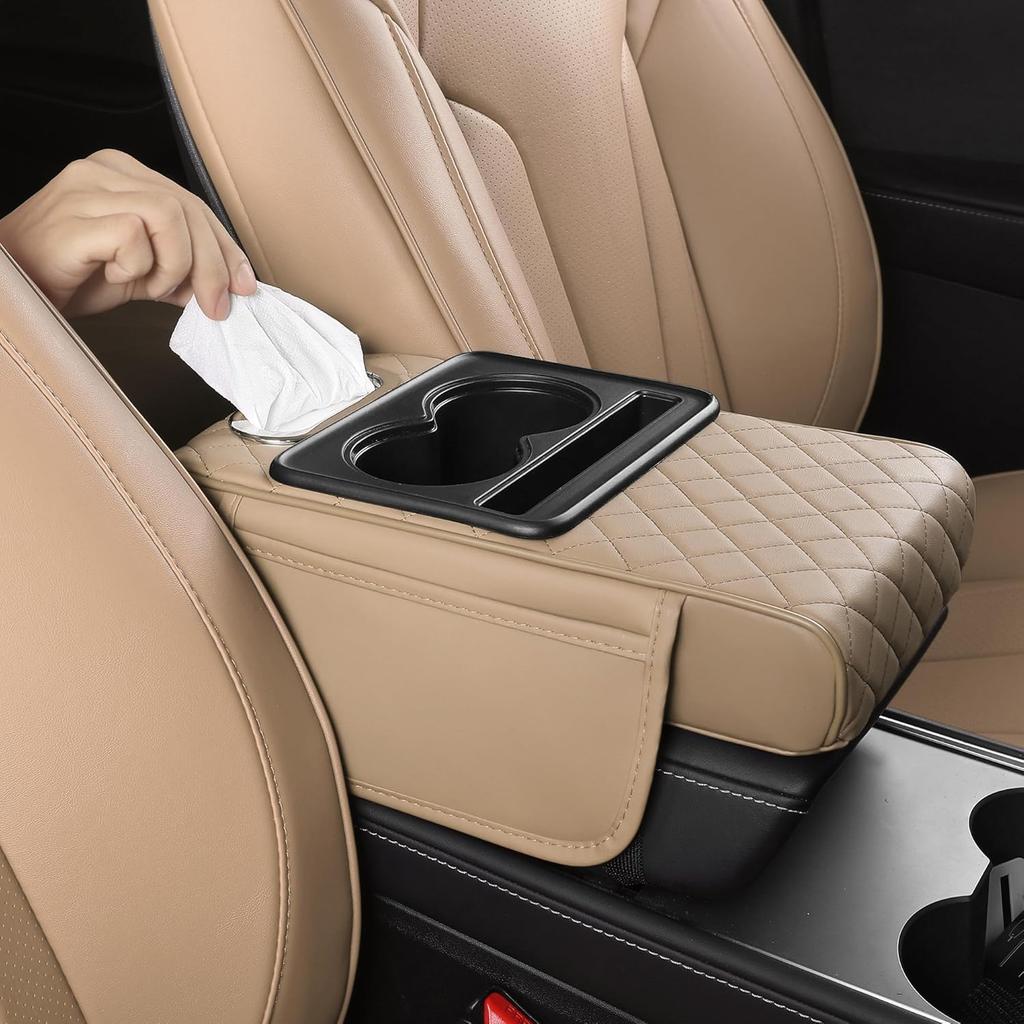 FREESOO Car Center Console Cover, Leather Armrest Cover For Car, Universal Middle Console Cushion With Storage Box, Cup Holder, Tissue Box & Phone
