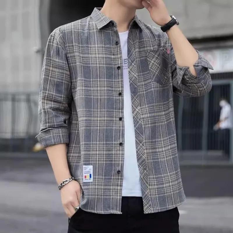Spring Autumn Men's Long-sleeved Lapel Plaid Shirt Men's Versatile Retro Casual Shirt Blouse Jacket Men's Striped Plaid Shirt