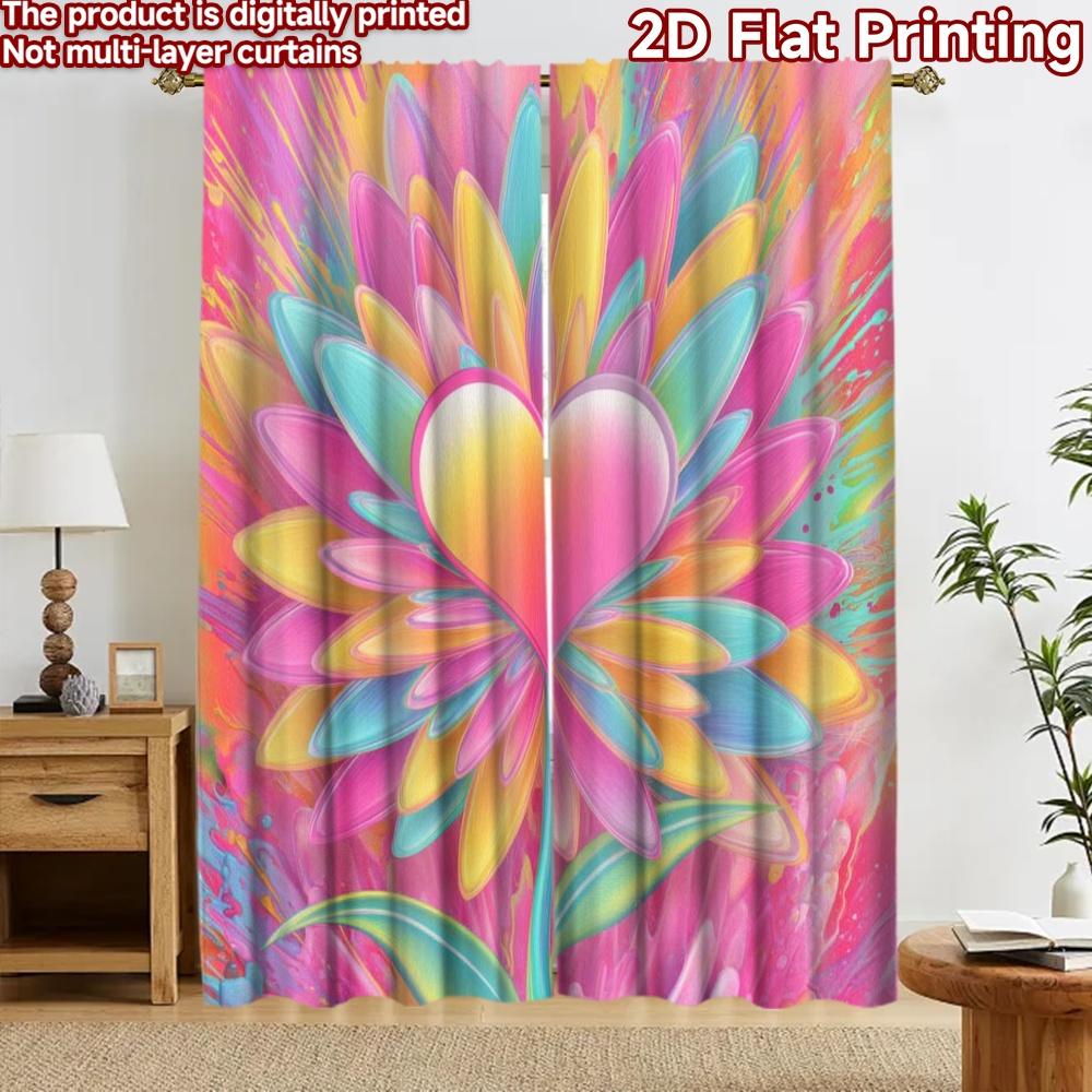 2D Flat Printing 2pcs Curtain Curtain Valentine's Colorful Heart Flower Digital Printed Polyester Drapes Party Decorations Use