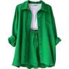 European and American Women's Crinkle Lapel Shirt & High Waist Shorts Two-Piece Set