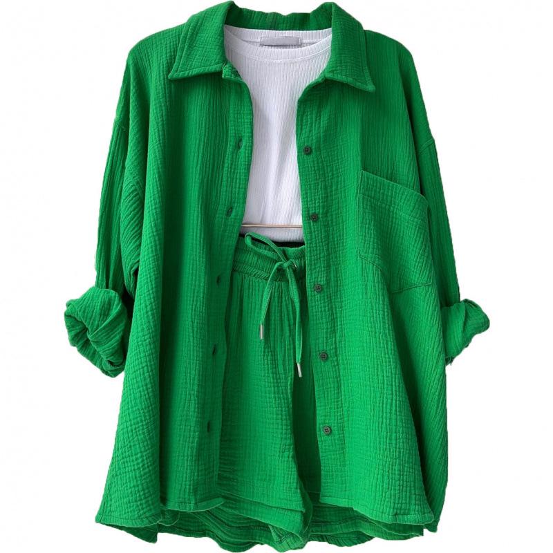 European and American Women's Crinkle Lapel Shirt & High Waist Shorts Two-Piece Set