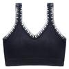 Olive Green Ribbed Wireless Bra with Sheer Lace Trim
