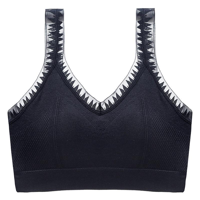 Olive Green Ribbed Wireless Bra with Sheer Lace Trim onesize чёрный